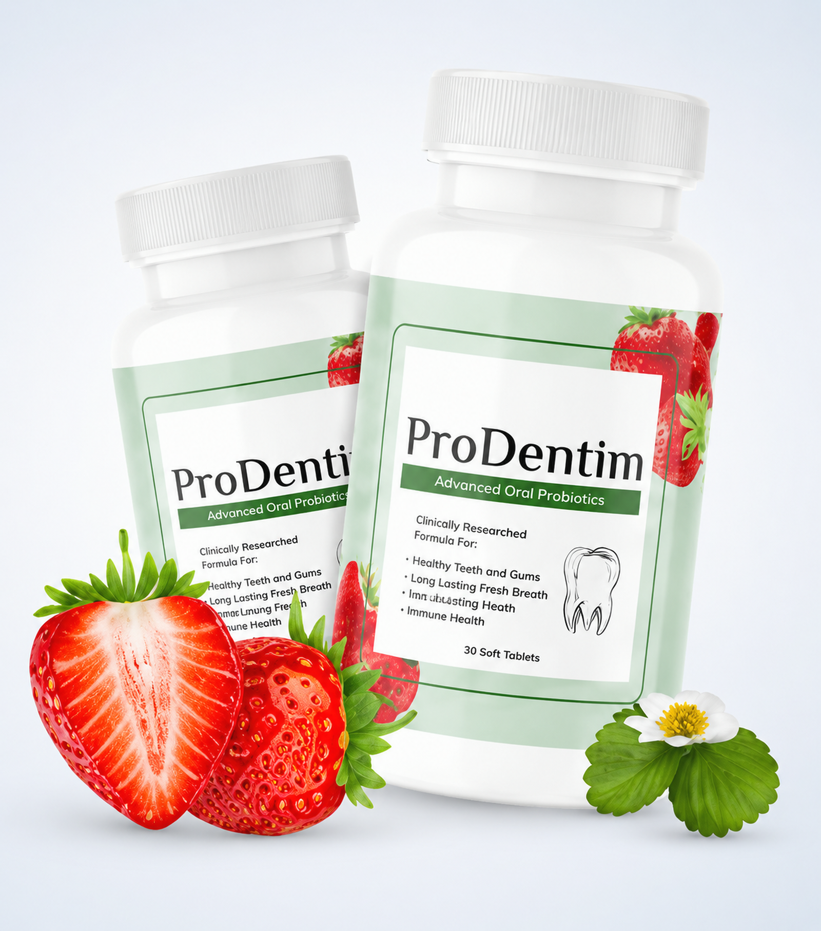 Two ProDentim oral probiotic bottles with strawberries, mint and a strawberry flower